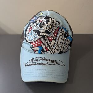 Vintage Y2K Ed Hardy Skull Rhinestone SnapBack Mesh Trucker Blue Hat
